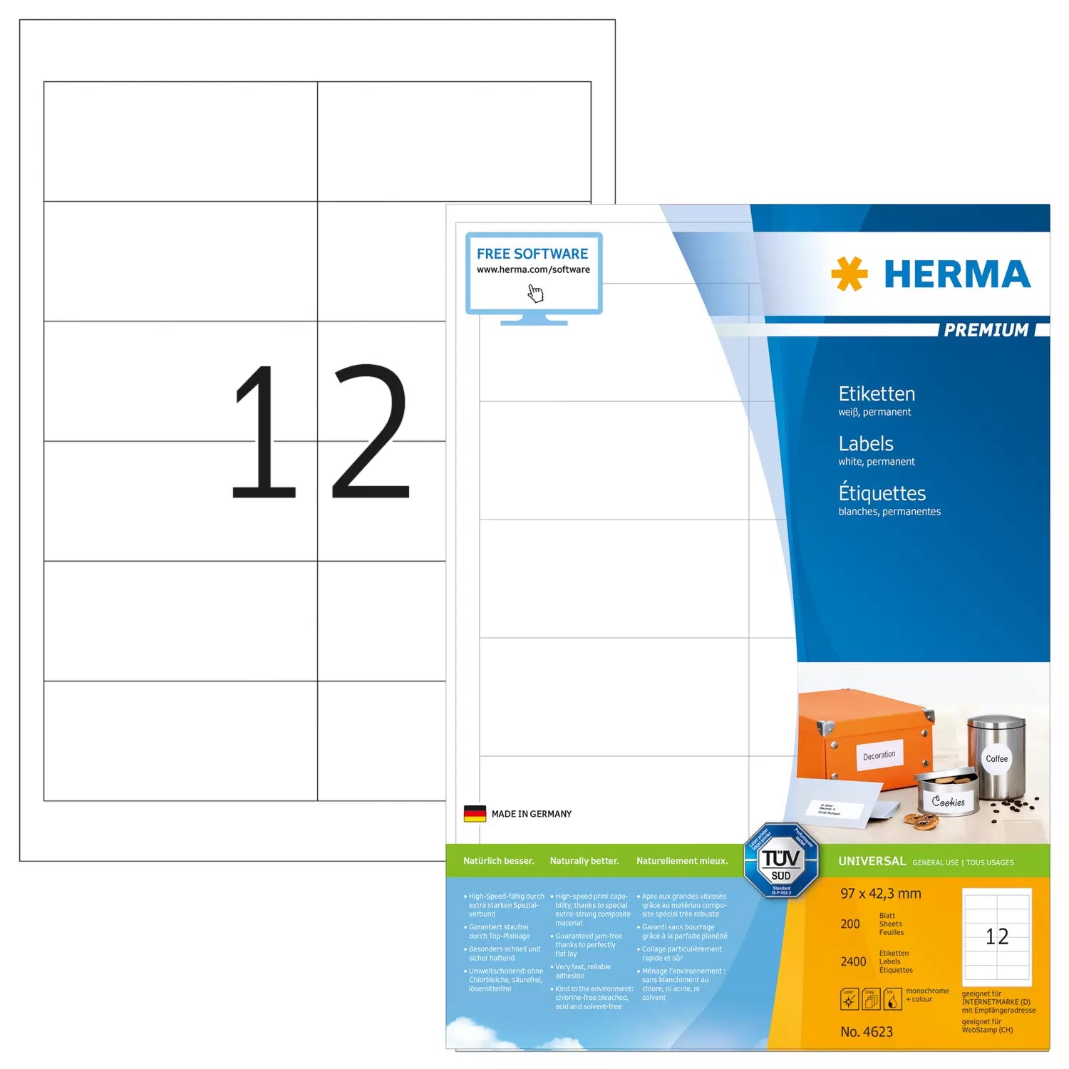 HERMA Druckeretiketten, 97 mm × 42 mm, weiss, Papier, permanent, 200 Blatt
