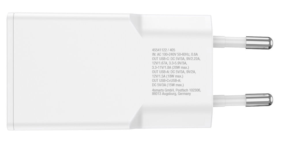 4smarts PDPlug Slim Duos USB-Wandladegerät 20 W – USB-C×1, USB-A×1 – PD, PPS, GaN – für Smartphone & Tablet