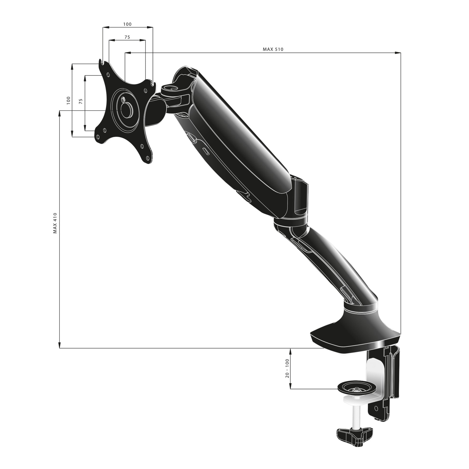 iiyama Monitorarm, Tischklemme, bis 27", VESA 100 × 100 mm, 5 kg, Gasfeder