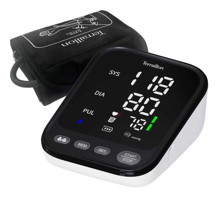 Terraillon Oberarm-Blutdruckmessgerät TB251 – Arrhythmie-Erkennung – Manschette 22–42 cm, 4× AAA