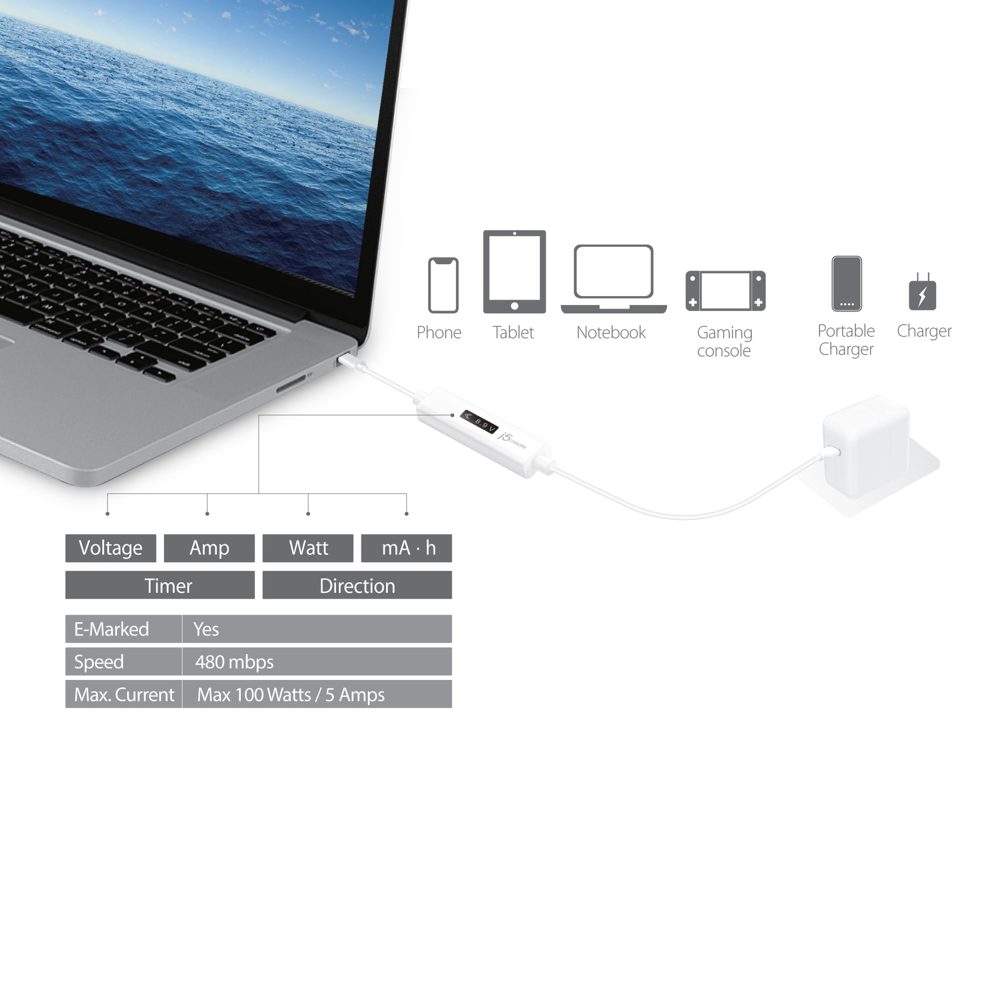 j5create USB-Kabel, USB-C zu USB-C, Ladekabel