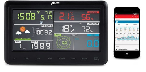 Alecto WS-5500 – Wetterstation, WLAN, innen/außen, Hygrometer & Barometer, inkl. Aussensensor – schwarz
