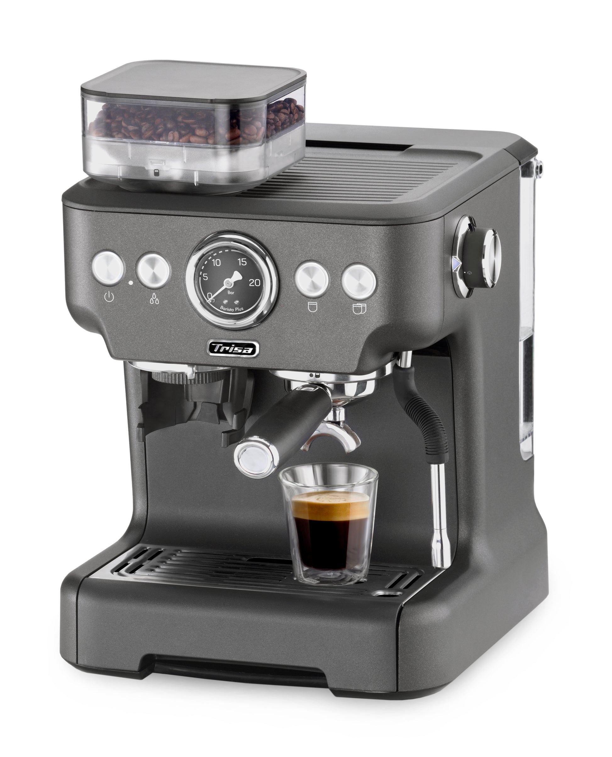 Trisa Barista Plus Espressomaschine (Siebträger) – 20 bar, 2,7 l, Milchschaumdüse, Grau, 28 × 41 × 32,5 cm