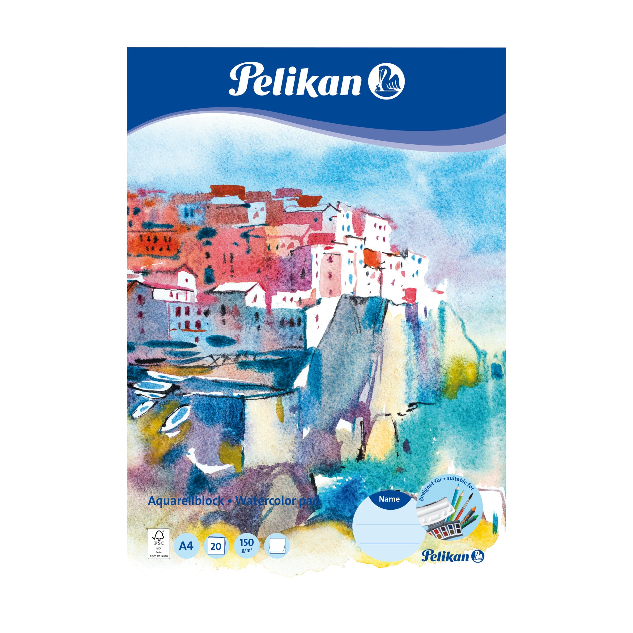 Pelikan Aquarellblock – A4 – 150 g/m² – 20 Blatt – rau, für Aquarell – FSC