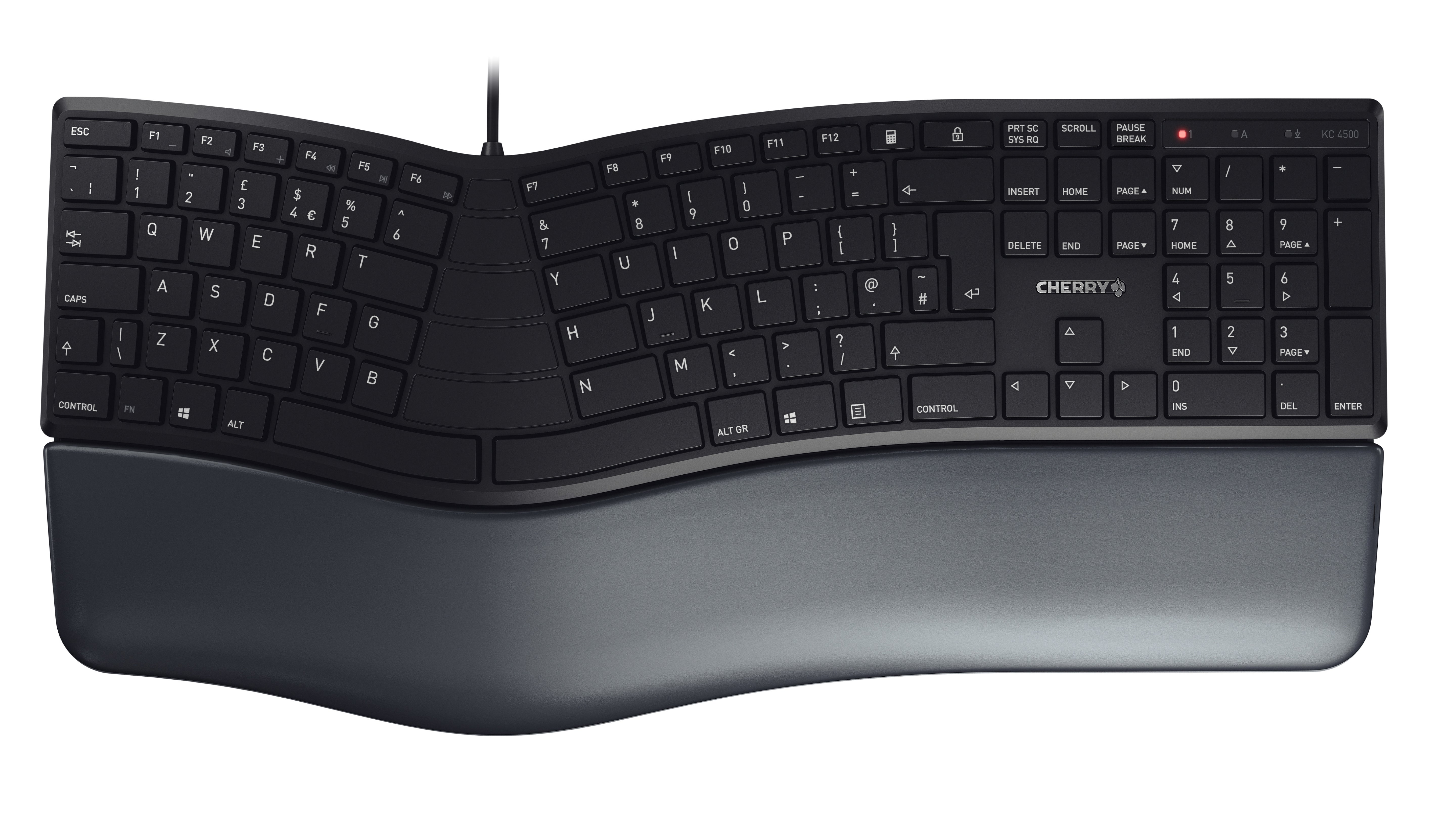 CHERRY KC 4500 ERGO – Tastatur, kabelgebunden (USB), UK-Layout (EN), Fullsize (mit Ziffernblock) – für Windows
