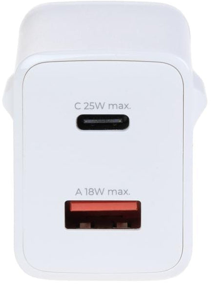 ONIT F01379 USB-Wandladegerät 25 W (USB-C) + 18 W (USB-A) – USB-C×1, USB-A×1 – PD, QC – Weiss