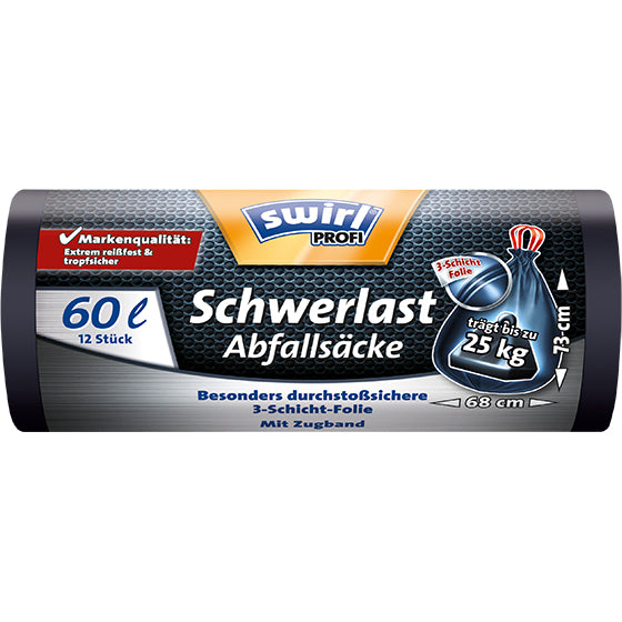 Swirl Kehrichtsack – 60 l, mit Zugband, PE, schwarz, 12 Stk