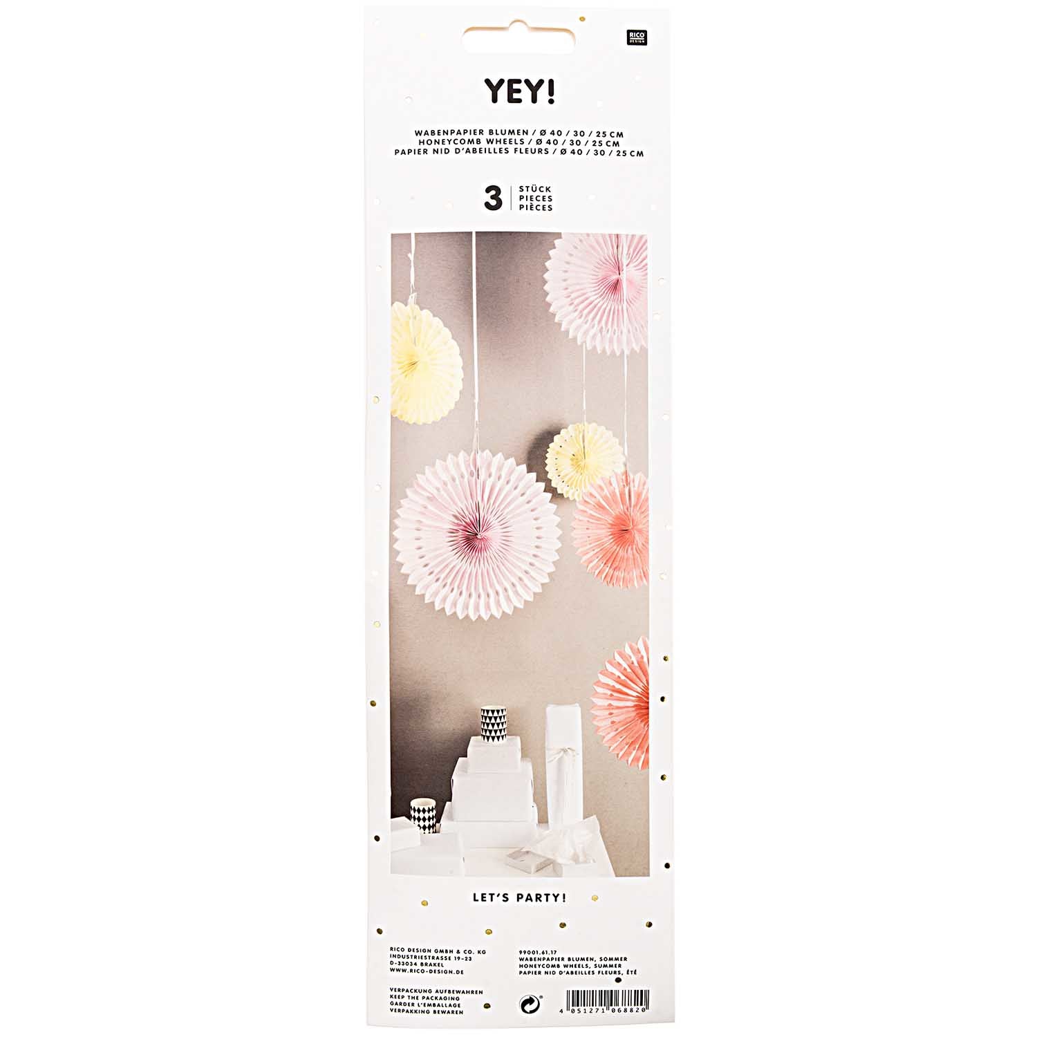 Rico Design Wabenpapier Blumen, Sommer – Pink, Gelb – Ø 25, 30, 40 cm – Papier – 3 Stk