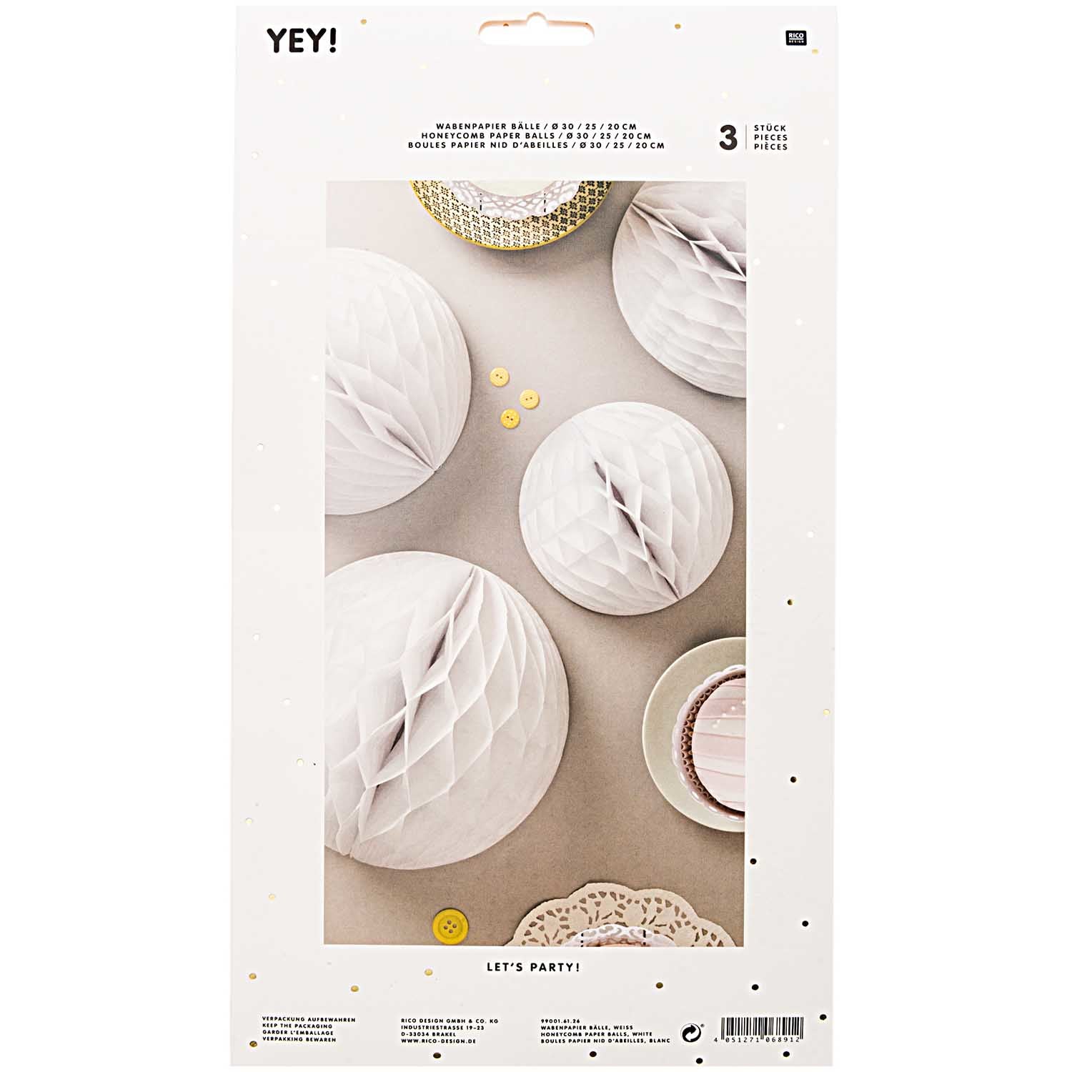 Rico Design Wabenpapier Bälle – weiss – Ø 20, 25 und 30 cm – Papier – 3 Stk – mit Klettverschluss