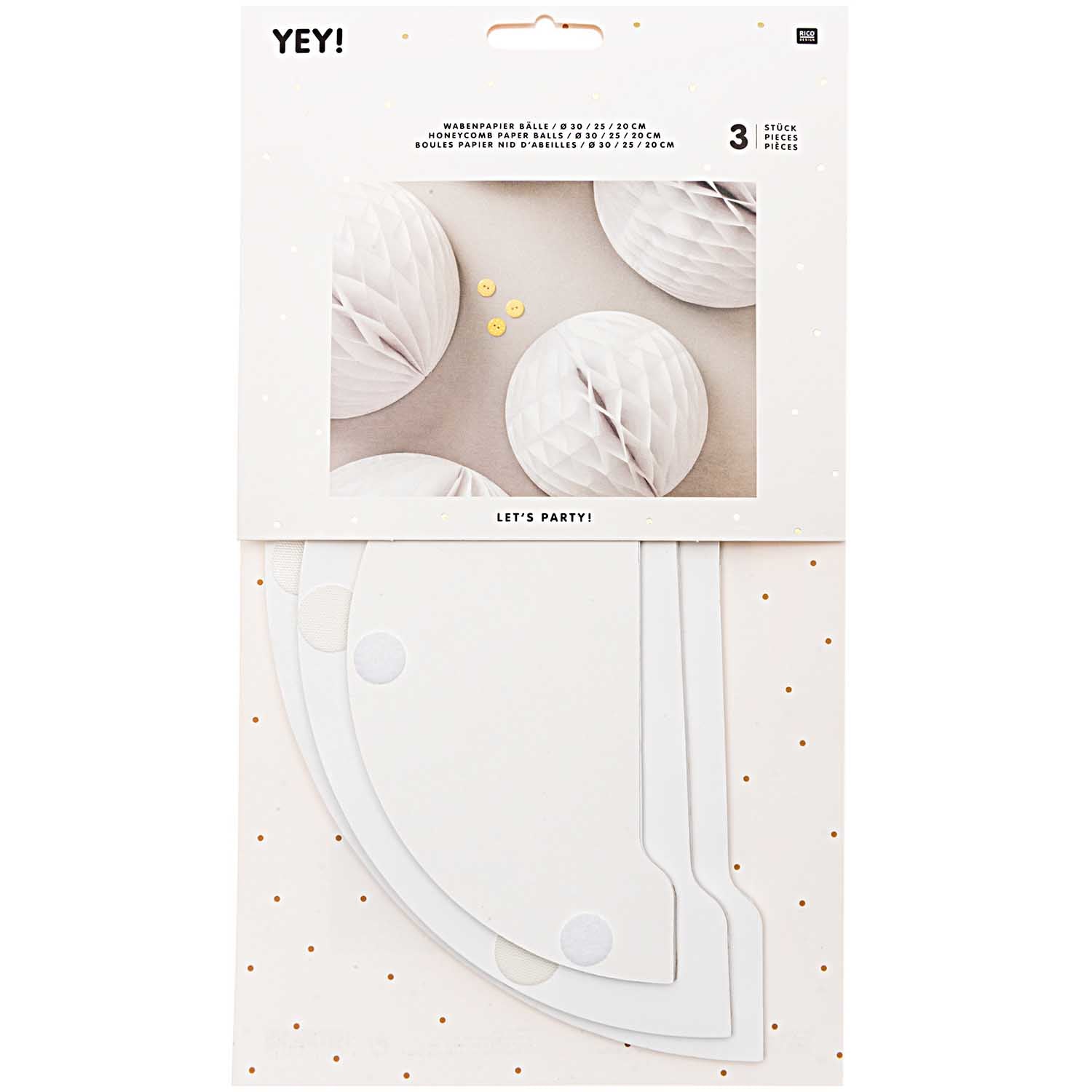 Rico Design Wabenpapier Bälle – weiss – Ø 20, 25 und 30 cm – Papier – 3 Stk – mit Klettverschluss