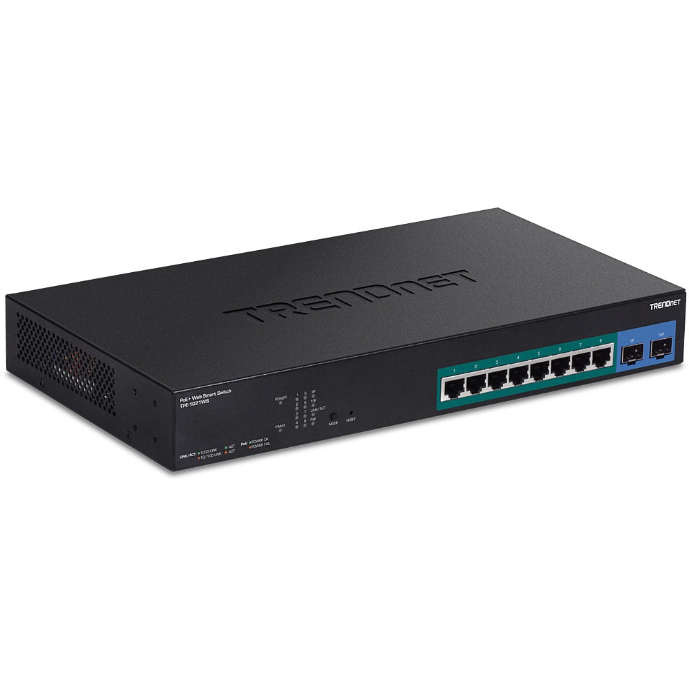 Trendnet TPE-1021WS – Verwalteter L2/L3/L4 Switch – 8× 1G, 2× SFP, PoE+, PoE-Budget 130 W, 19", 1U
