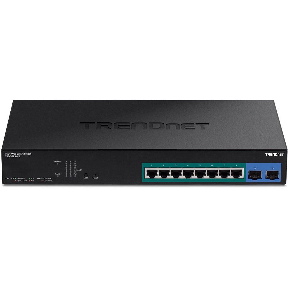 Trendnet TPE-1021WS – Verwalteter L2/L3/L4 Switch – 8× 1G, 2× SFP, PoE+, PoE-Budget 130 W, 19", 1U