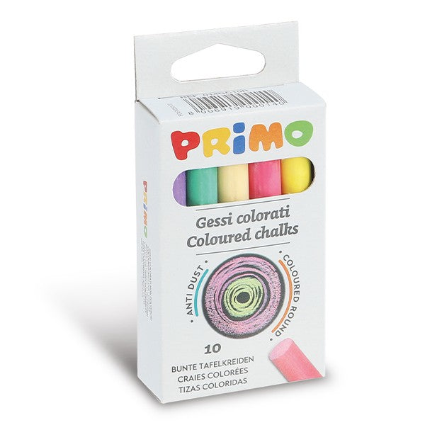 Primo Runde Kreiden – Mehrfarbig – 10 Farben – für Tafel, Papier und Karton – Ø 9 mm × 80 mm – in Schachtel