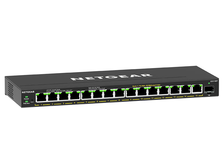 NETGEAR GS316EP – Managed Switch – 15× 1G, 1× SFP, PoE+, PoE-Budget 180 W