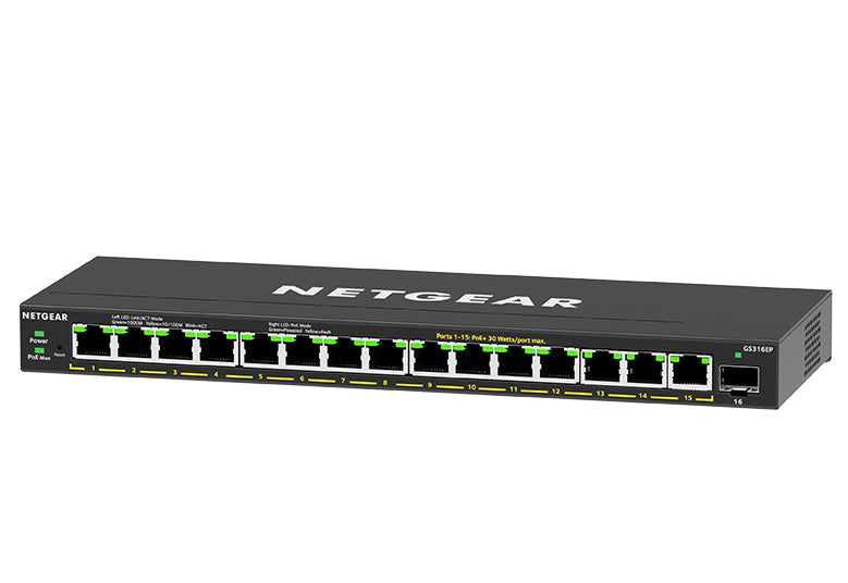 NETGEAR GS316EP – Managed Switch – 15× 1G, 1× SFP, PoE+, PoE-Budget 180 W