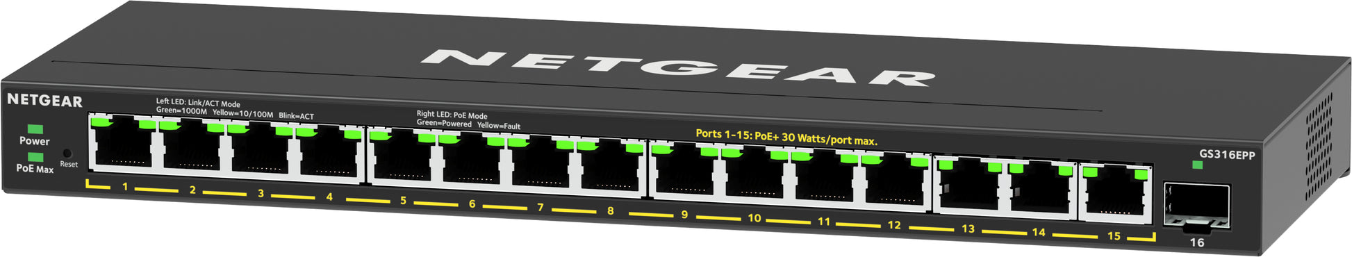 NETGEAR GS316EPP – Managed Switch – 16×GbE, 1×SFP, PoE+ 231 W