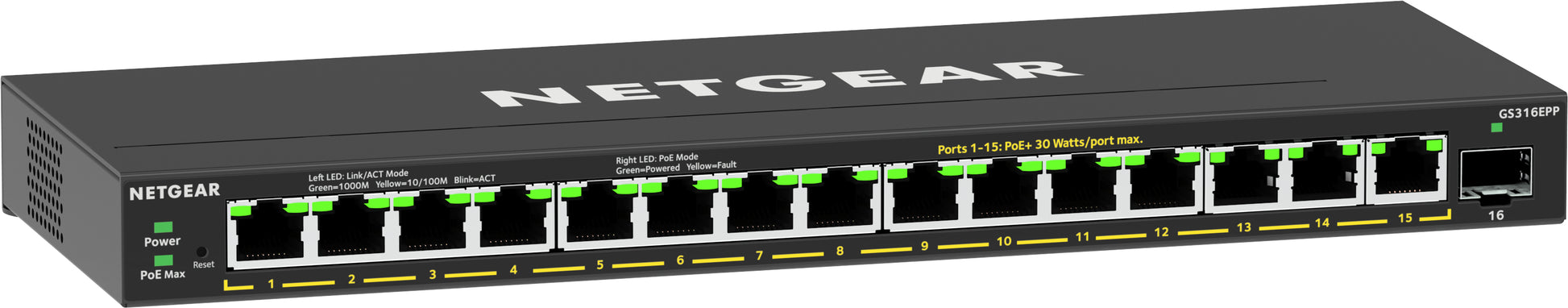 NETGEAR GS316EPP – Managed Switch – 16×GbE, 1×SFP, PoE+ 231 W