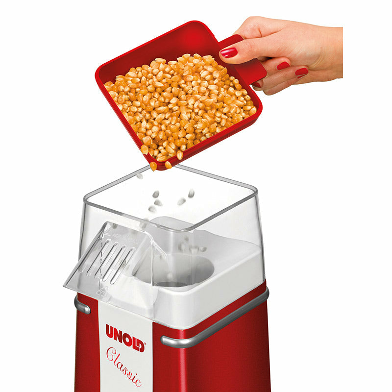 Unold Popcornmaschine Classic 48525 – 100 g, 900 W, Deckel als Messbecher – rot/silber/weiss