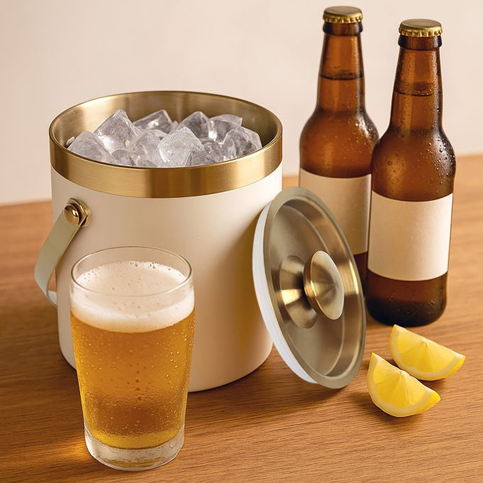 Relaxdays Eiswürfelbehälter – Ø 15 × 17 cm, 1,5 l, Edelstahl, Weiss, inkl. Deckel, Griffe, 100 Eiswürfel