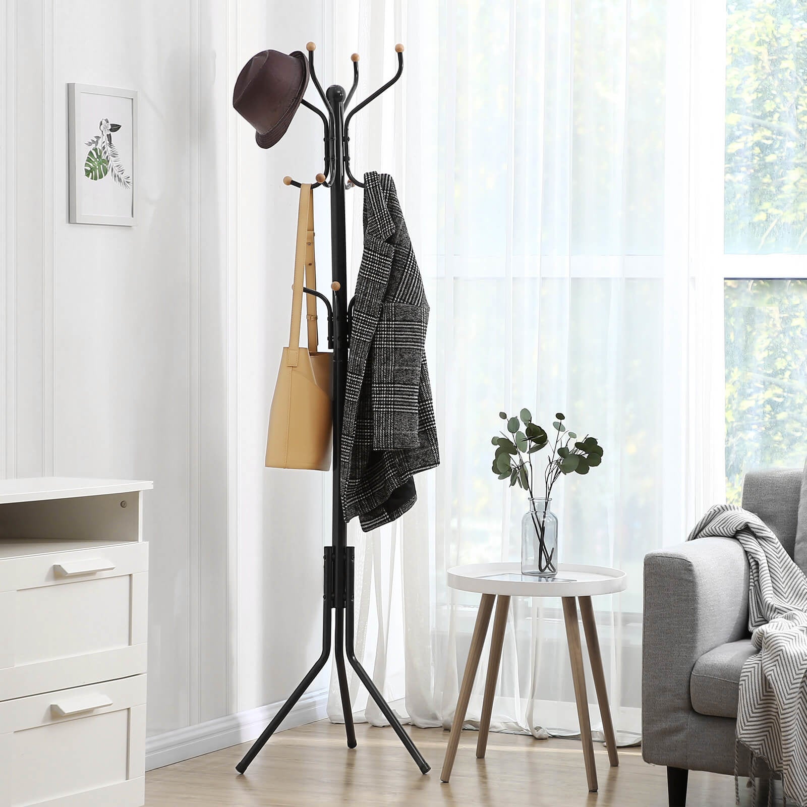 Songmics Garderobenständer – 8 Haken, Stahl, Schwarz, 44 × 44 × 182 cm