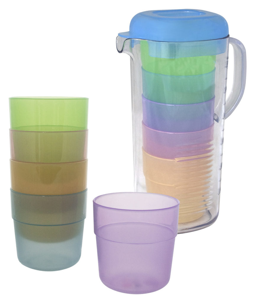 Eurotrail Karaffe mit Gläsern – 6-teiliges Set, 1,3 l, Kunststoff (SAN), Mehrfarbig, mit Deckel