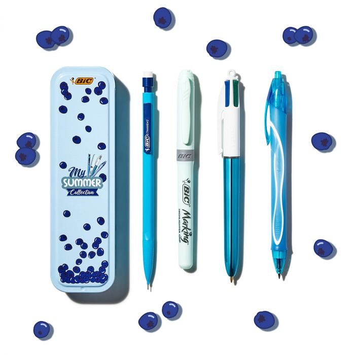 BIC Summer Blue Box Schreibset – Kugelschreiber, Schwarz, Blau, Grün, Rot, Druck, nachfüllbar, Metallbox
