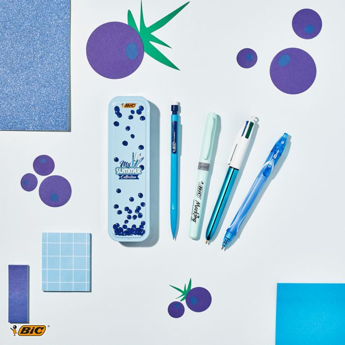 BIC Summer Blue Box Schreibset – Kugelschreiber, Schwarz, Blau, Grün, Rot, Druck, nachfüllbar, Metallbox