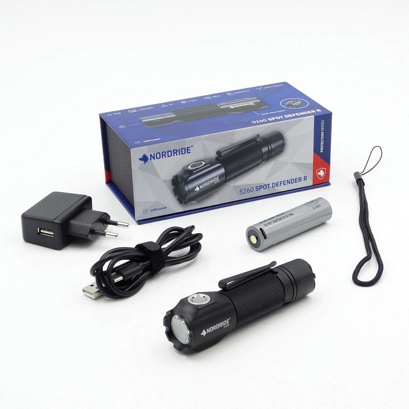 NORDRIDE Taschenlampe SPOT Defender – 1100 lm, 190 m, IP68, USB, 2600 mAh Akku, 3 Stufen, SOS – Schwarz