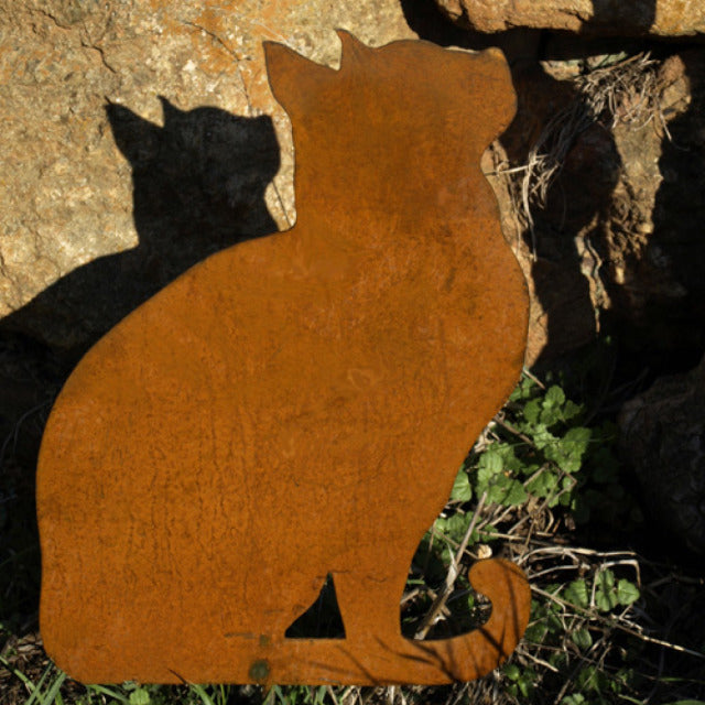 Ambiance Dekorationsfigur Katze sitzend auf Platte, Braun/Rostbraun, Metall, 35 cm, winterhart
