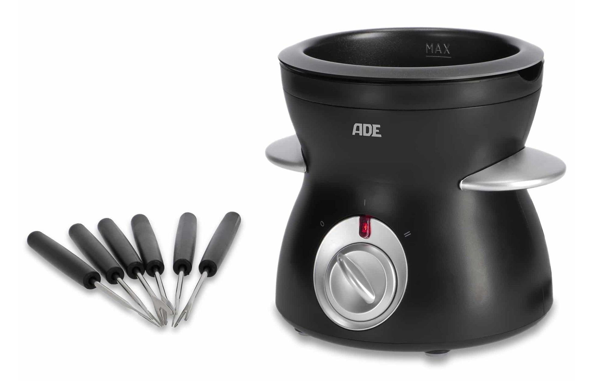 ADE Fondue-Set KG2352 – Kunststoff, 0,5 l, 6 Gabeln, netzbetrieben – schwarz/silber