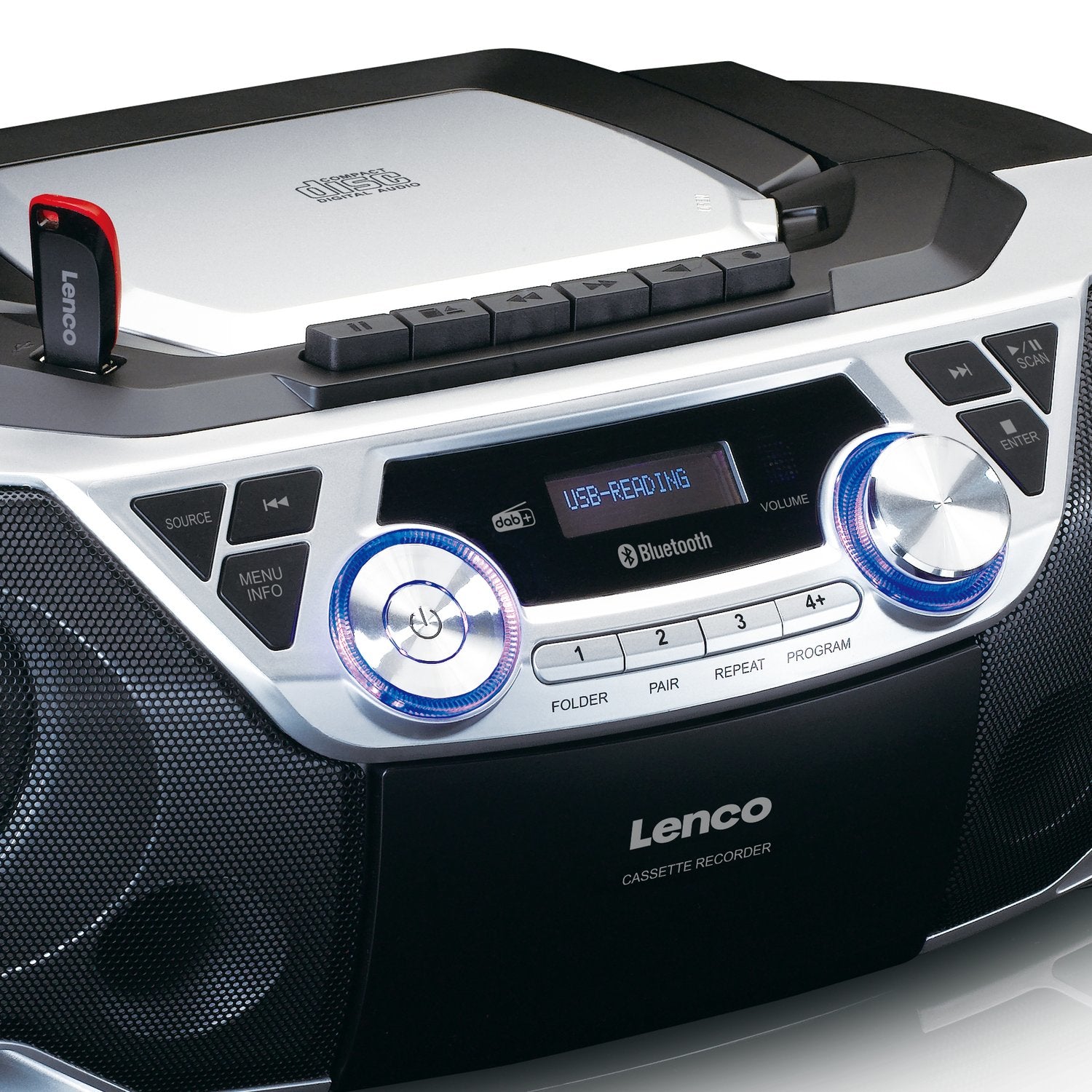Lenco SCD-720 – CD-Boombox, DAB+/UKW, Kassette, Bluetooth, USB – Schwarz/Silber