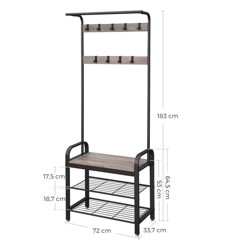 Vasagle Garderobenständer – 9 Haken, Stahl/Spanplatte, Grau/Schwarz, 72 × 33,7 × 183 cm