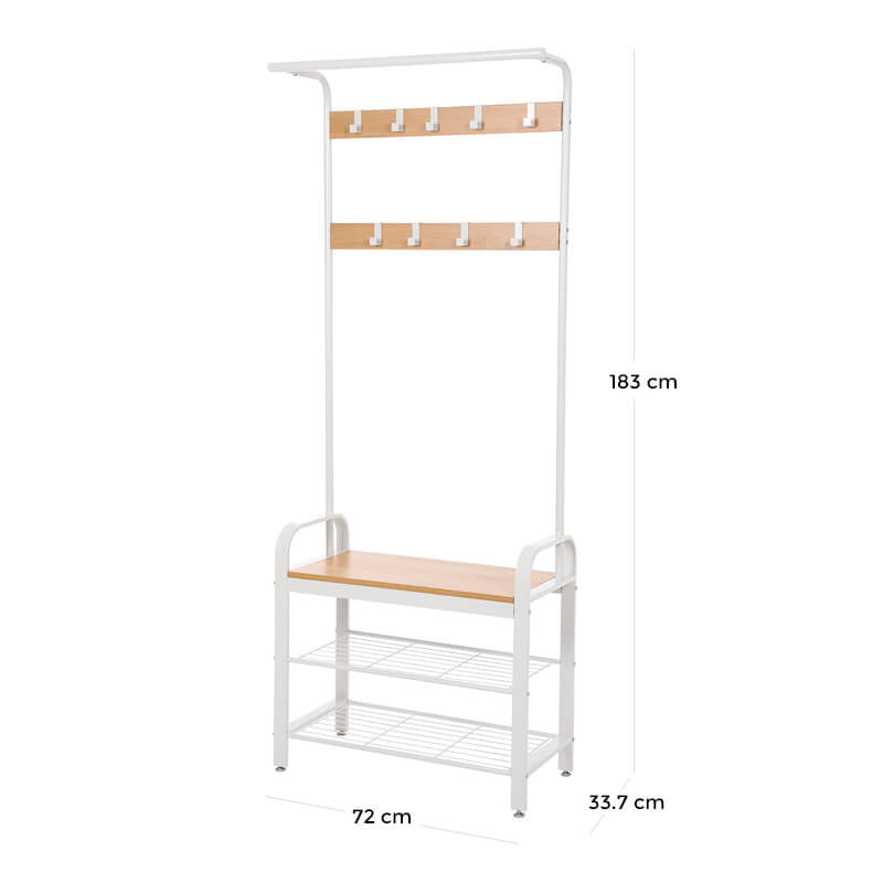 Vasagle Garderobenständer – 9 Haken, Stahl/Spanplatte, Weiss/Natur, 72 × 33,7 × 183 cm