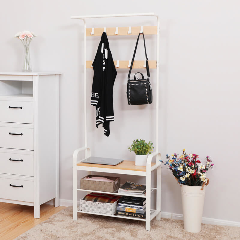 Vasagle Garderobenständer – 9 Haken, Stahl/Spanplatte, Weiss/Natur, 72 × 33,7 × 183 cm