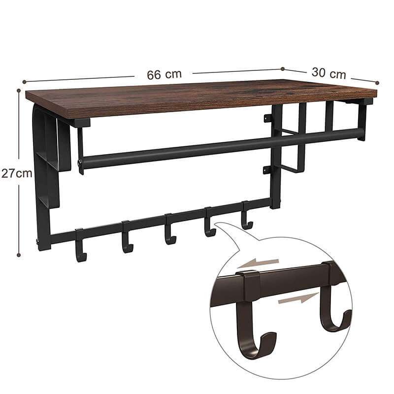Vasagle Wandgarderobe – 5 Haken, Stahl/MDF, Schwarz/Braun, 66 × 30 × 27 cm