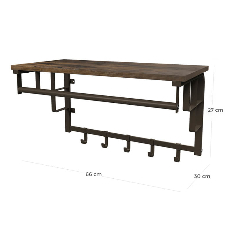 Vasagle Wandgarderobe – 5 Haken, Stahl/MDF, Schwarz/Braun, 66 × 30 × 27 cm