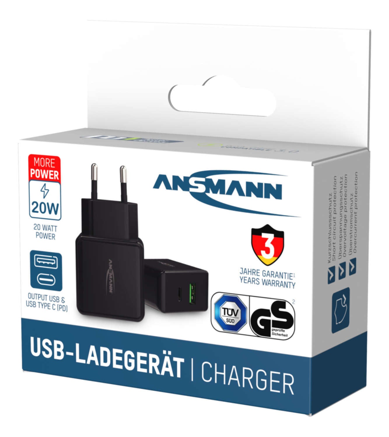 Ansmann HC218PD USB-Ladegerät 20 W – USB-C×1, USB-A×1 – PD, QC 3.0 – Schwarz