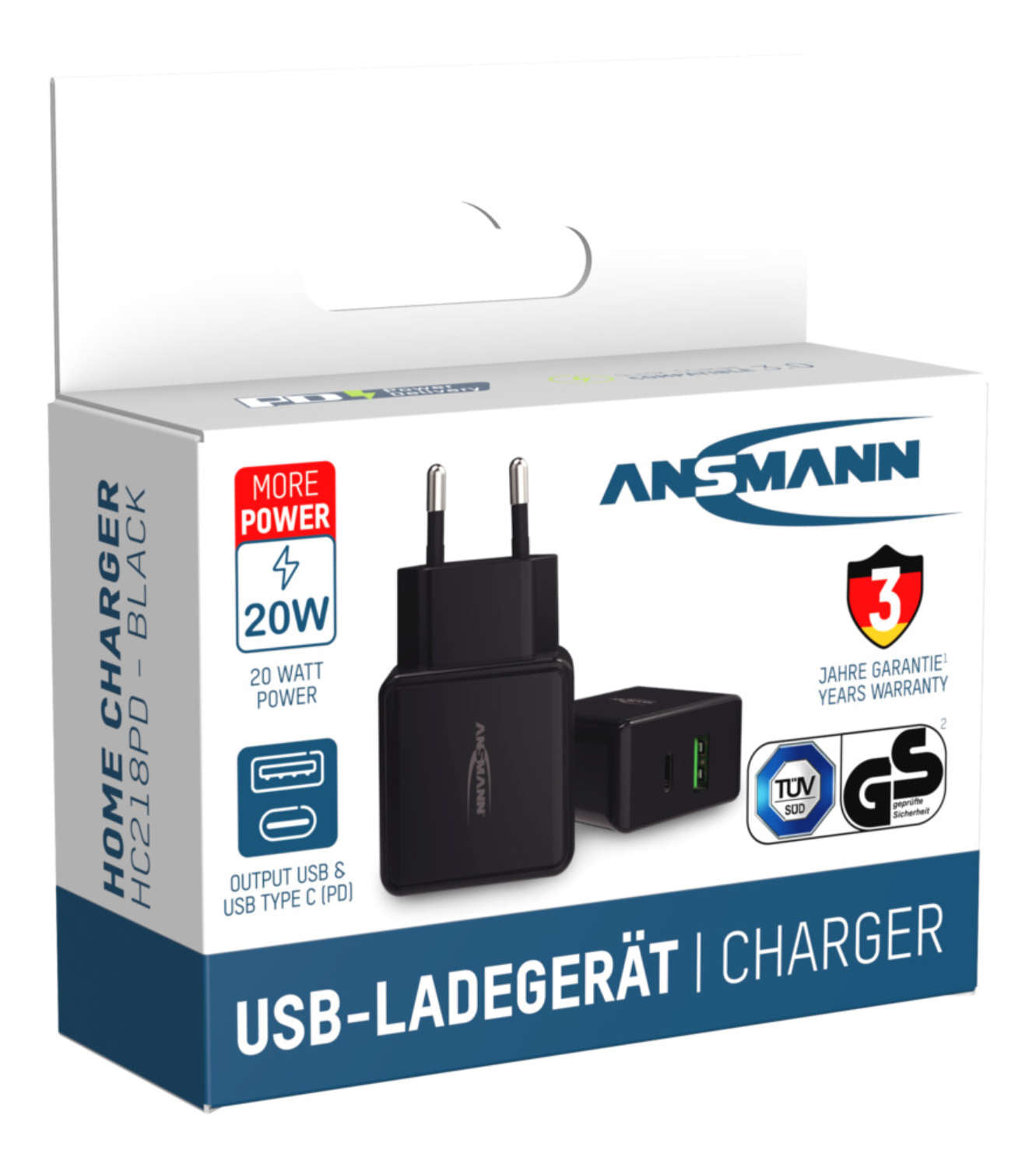 Ansmann HC218PD USB-Ladegerät 20 W – USB-C×1, USB-A×1 – PD, QC 3.0 – Schwarz