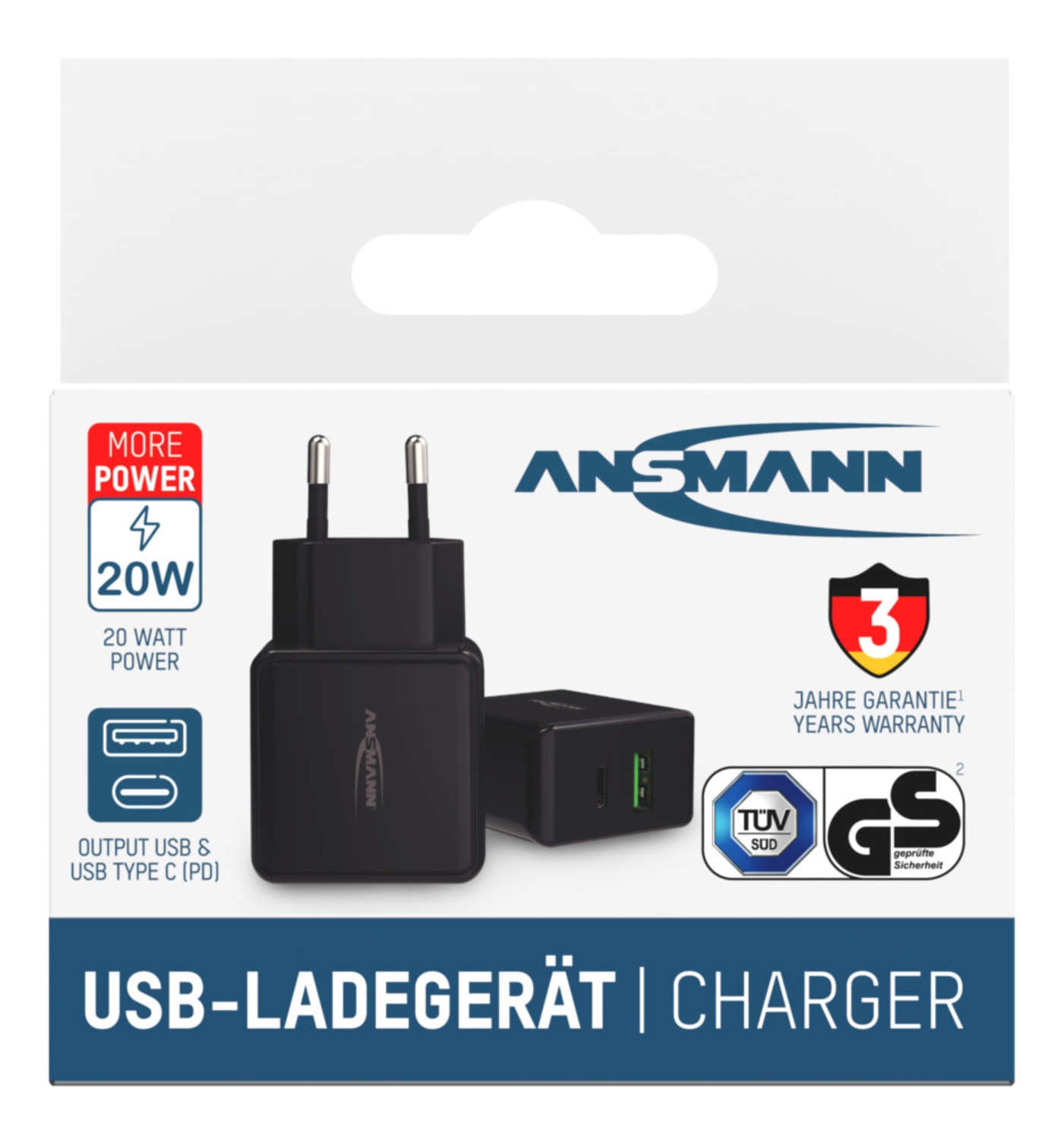 Ansmann HC218PD USB-Ladegerät 20 W – USB-C×1, USB-A×1 – PD, QC 3.0 – Schwarz