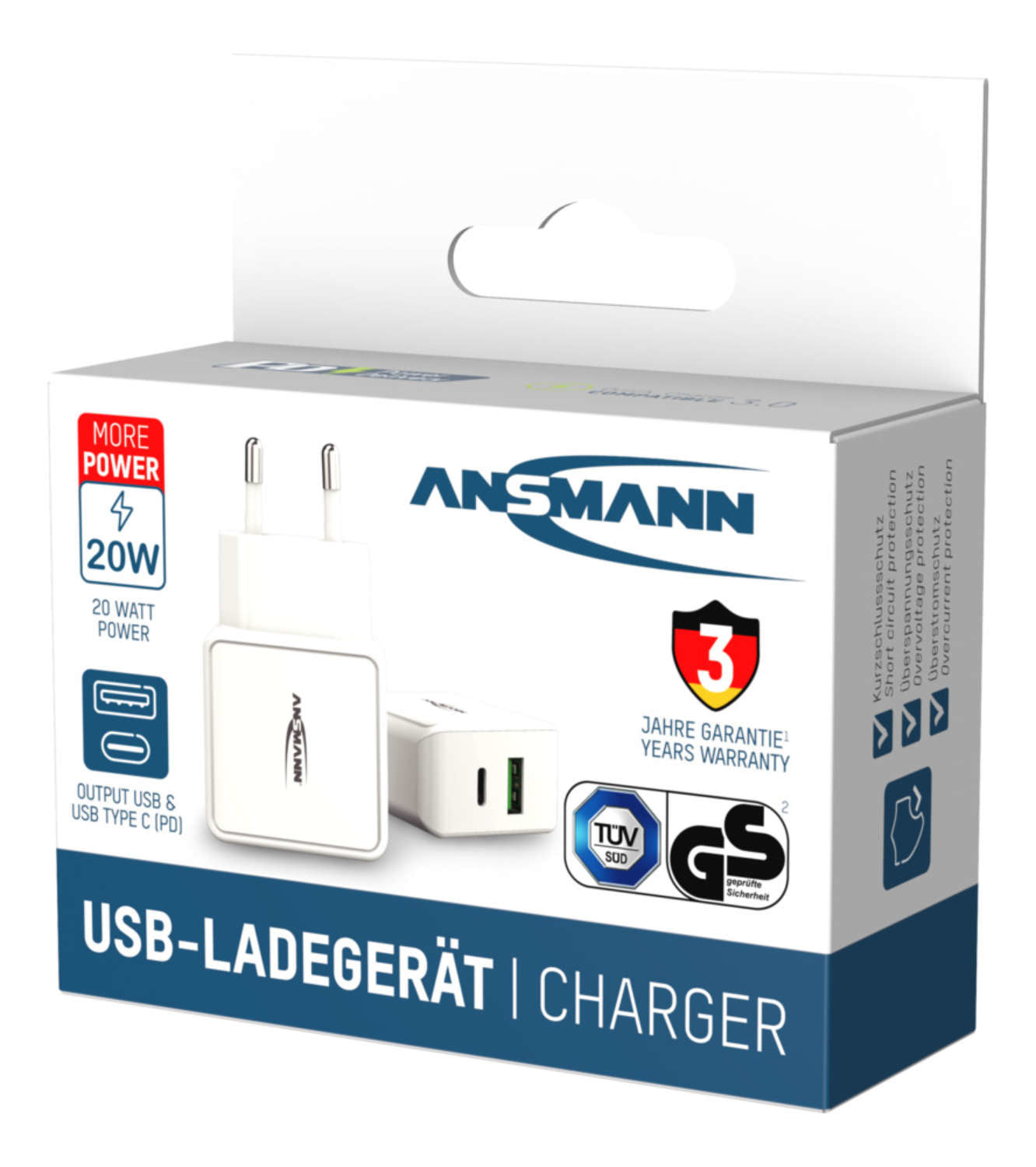 Ansmann Home Charger HC218PD USB-Ladegerät 20 W – USB-C×1, USB-A×1 – PD, QC 3.0