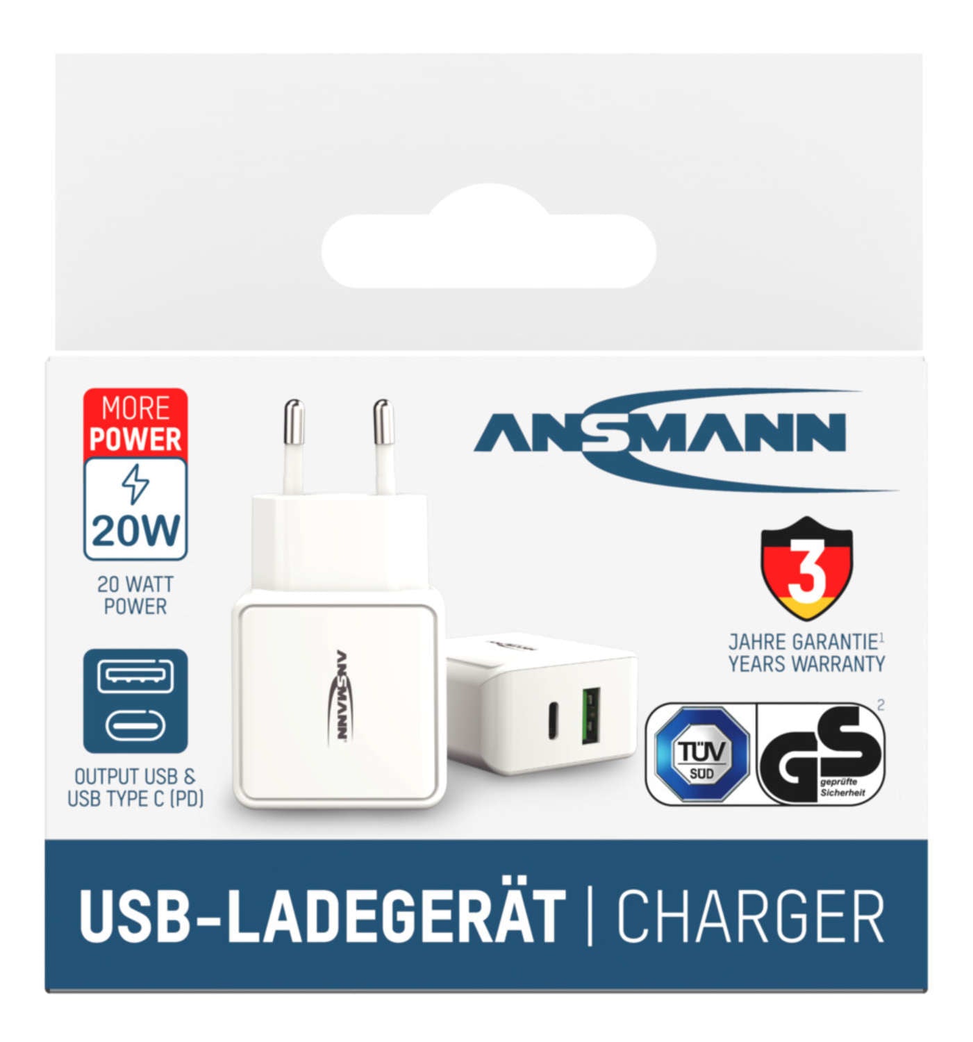 Ansmann Home Charger HC218PD USB-Ladegerät 20 W – USB-C×1, USB-A×1 – PD, QC 3.0