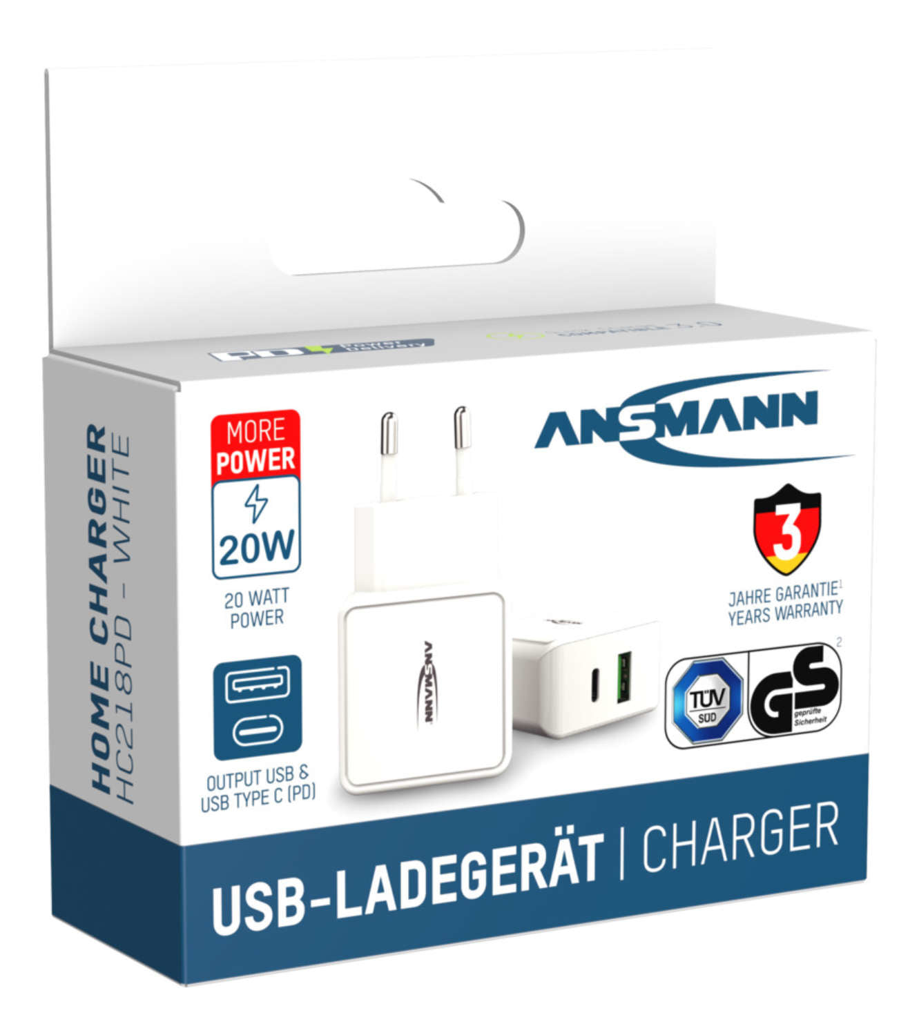 Ansmann Home Charger HC218PD USB-Ladegerät 20 W – USB-C×1, USB-A×1 – PD, QC 3.0