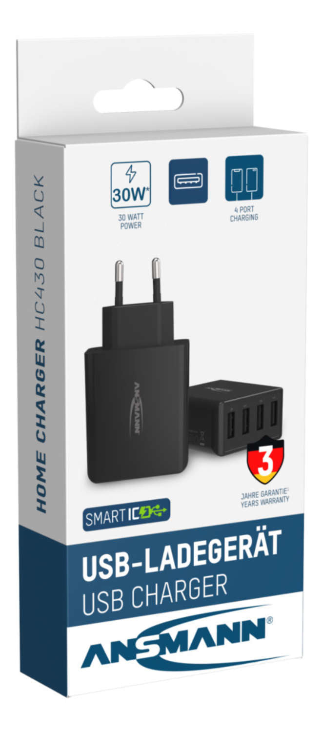 Ansmann Home Charger HC430 – 30 W, 4× USB-A – für Smartphones, Tablets, andere USB-Geräte