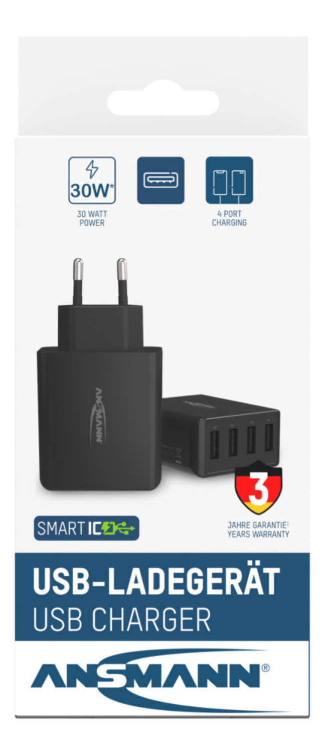 Ansmann Home Charger HC430 – 30 W, 4× USB-A – für Smartphones, Tablets, andere USB-Geräte
