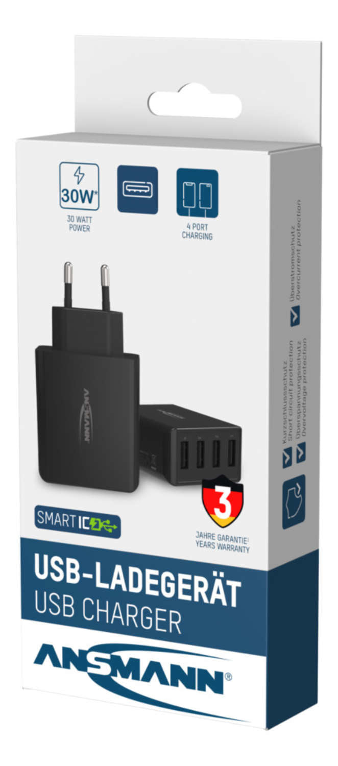 Ansmann Home Charger HC430 – 30 W, 4× USB-A – für Smartphones, Tablets, andere USB-Geräte