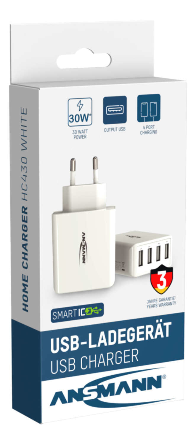 Ansmann Home Charger HC430 USB-Ladegerät 30 W – USB-A×4 – für Smartphones, Tablets u. Ä. – Weiss