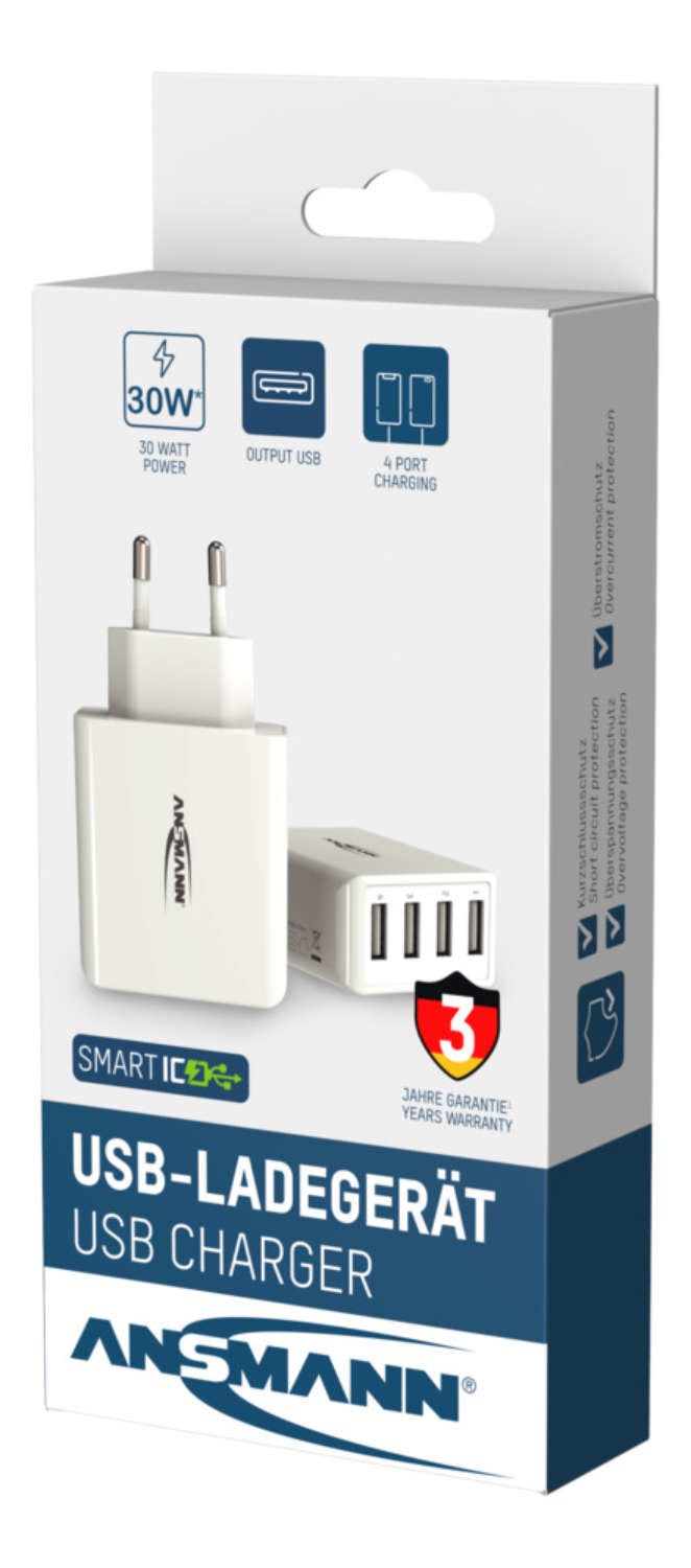 Ansmann Home Charger HC430 USB-Ladegerät 30 W – USB-A×4 – für Smartphones, Tablets u. Ä. – Weiss