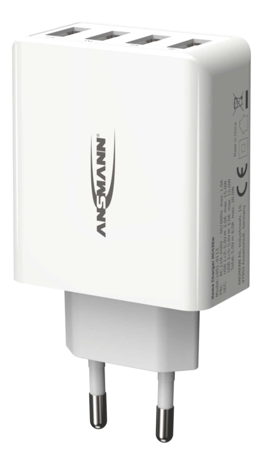 Ansmann Home Charger HC430 USB-Ladegerät 30 W – USB-A×4 – für Smartphones, Tablets u. Ä. – Weiss