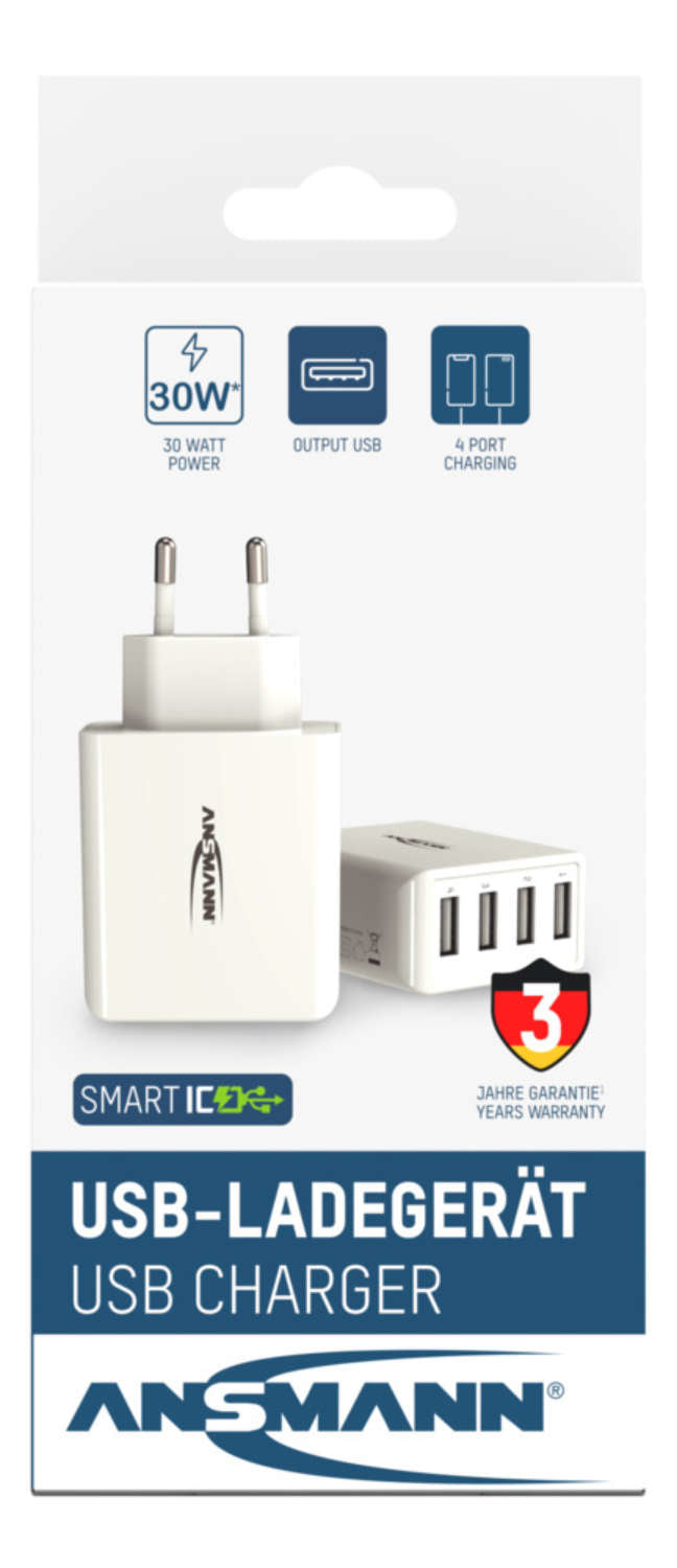 Ansmann Home Charger HC430 USB-Ladegerät 30 W – USB-A×4 – für Smartphones, Tablets u. Ä. – Weiss