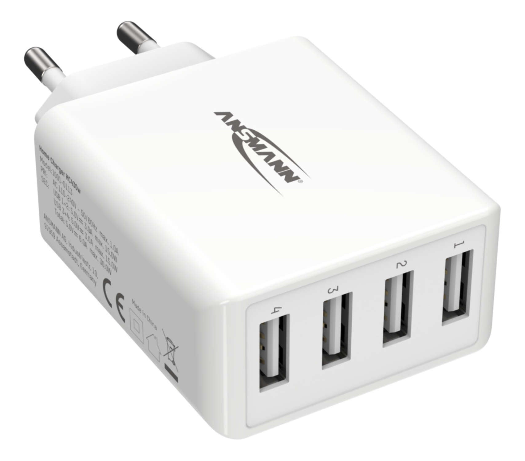 Ansmann Home Charger HC430 USB-Ladegerät 30 W – USB-A×4 – für Smartphones, Tablets u. Ä. – Weiss